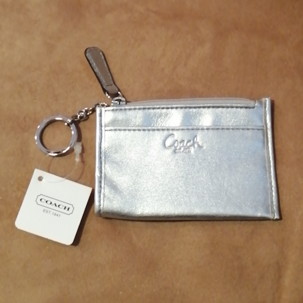 Coach Silver Wallet Card Case With Blue Lining Zip